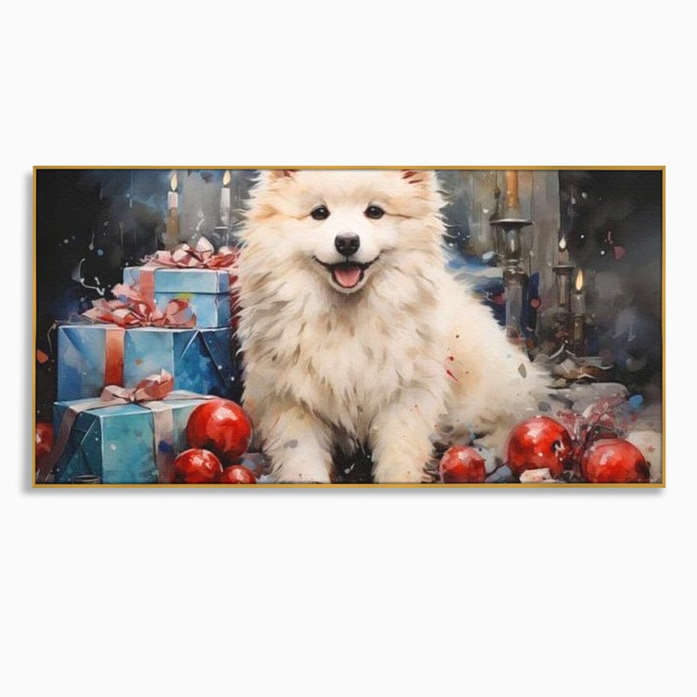 Tablou Canvas Premium, LuxCanva® D1033, Blanosul Samoyed printre Globuri , Patruped, Blana, Rosu, Globuri, Lumanari, Living Room, Culori vibrante