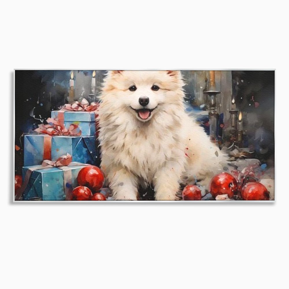 Tablou Canvas Premium, LuxCanva® D1033, Blanosul Samoyed printre Globuri , Patruped, Blana, Rosu, Globuri, Lumanari, Living Room, Culori vibrante