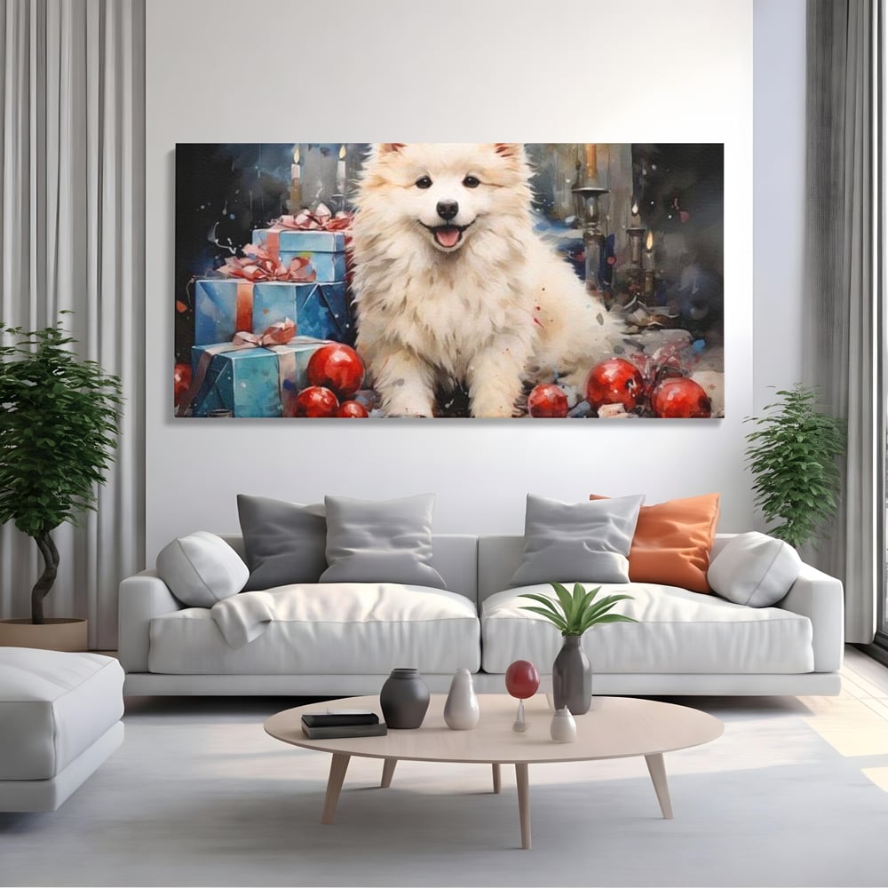 Tablou Canvas Premium, LuxCanva® D1033, Blanosul Samoyed printre Globuri , Patruped, Blana, Rosu, Globuri, Lumanari, Living Room, Culori vibrante