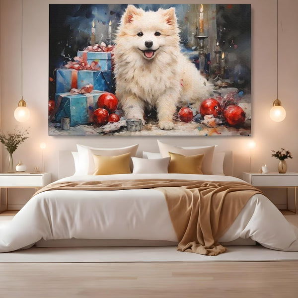 Tablou Canvas Premium, LuxCanva® D1033, Blanosul Samoyed printre Globuri , Patruped, Blana, Rosu, Globuri, Lumanari, Living Room, Culori vibrante