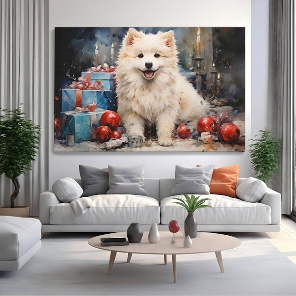 Tablou Canvas Premium, LuxCanva® D1033, Blanosul Samoyed printre Globuri , Patruped, Blana, Rosu, Globuri, Lumanari, Living Room, Culori vibrante