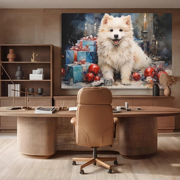 Tablou Canvas Premium, LuxCanva® D1033, Blanosul Samoyed printre Globuri , Patruped, Blana, Rosu, Globuri, Lumanari, Living Room, Culori vibrante
