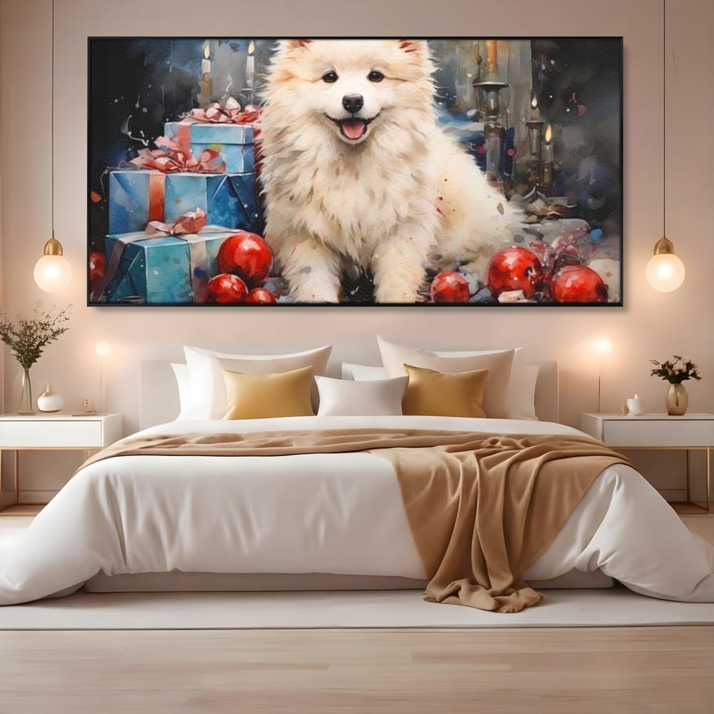 Tablou Canvas Premium, LuxCanva® D1033, Blanosul Samoyed printre Globuri , Patruped, Blana, Rosu, Globuri, Lumanari, Living Room, Culori vibrante
