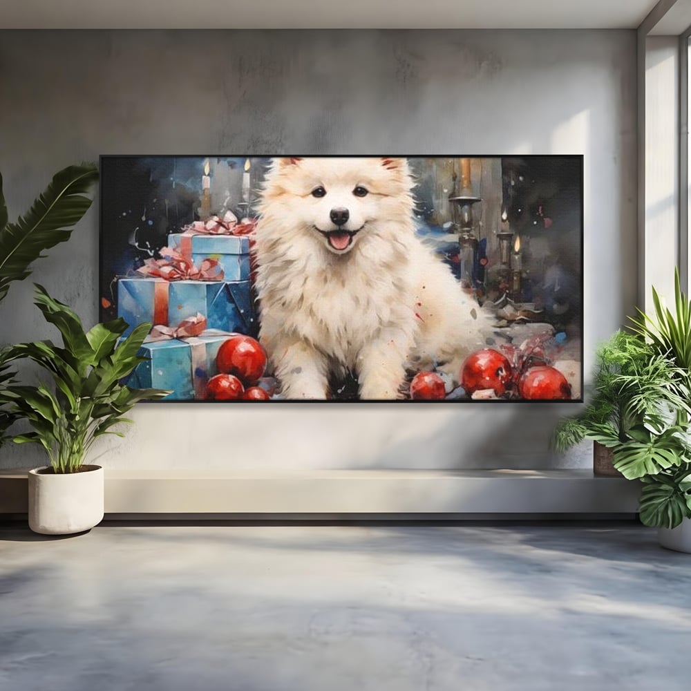 Tablou Canvas Premium, LuxCanva® D1033, Blanosul Samoyed printre Globuri , Patruped, Blana, Rosu, Globuri, Lumanari, Living Room, Culori vibrante