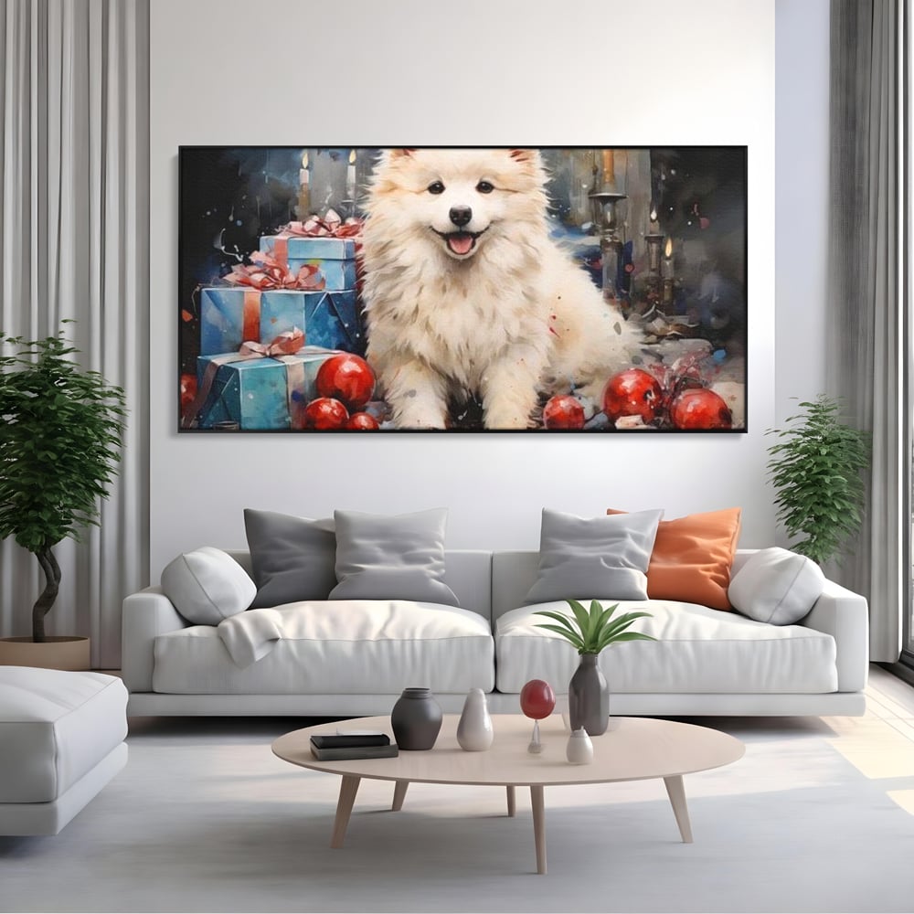 Tablou Canvas Premium, LuxCanva® D1033, Blanosul Samoyed printre Globuri , Patruped, Blana, Rosu, Globuri, Lumanari, Living Room, Culori vibrante