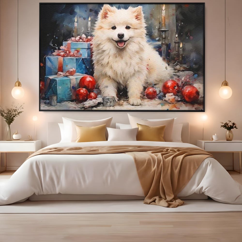 Tablou Canvas Premium, LuxCanva® D1033, Blanosul Samoyed printre Globuri , Patruped, Blana, Rosu, Globuri, Lumanari, Living Room, Culori vibrante
