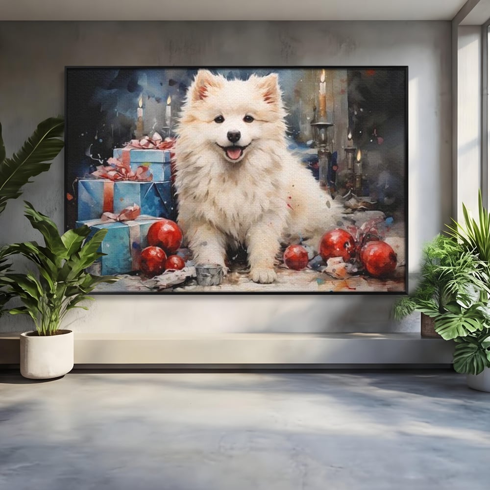 Tablou Canvas Premium, LuxCanva® D1033, Blanosul Samoyed printre Globuri , Patruped, Blana, Rosu, Globuri, Lumanari, Living Room, Culori vibrante