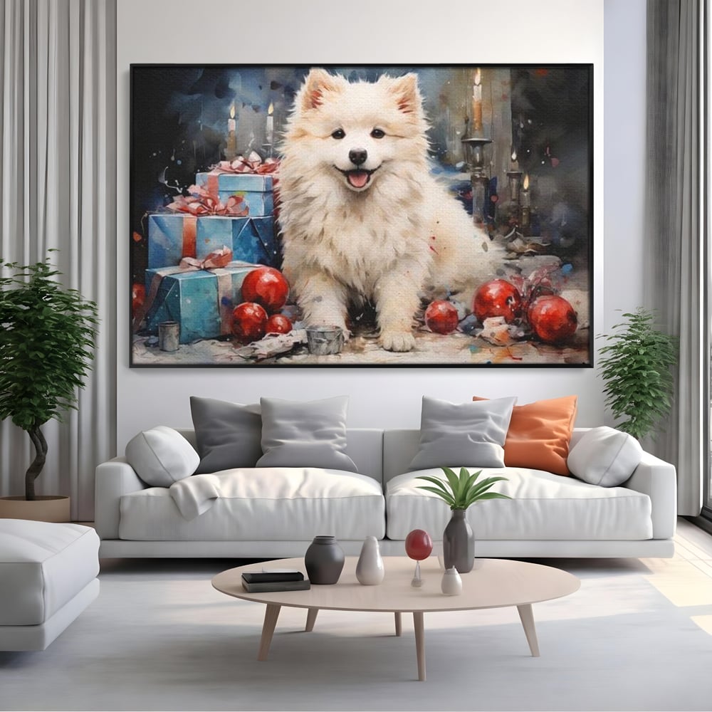 Tablou Canvas Premium, LuxCanva® D1033, Blanosul Samoyed printre Globuri , Patruped, Blana, Rosu, Globuri, Lumanari, Living Room, Culori vibrante
