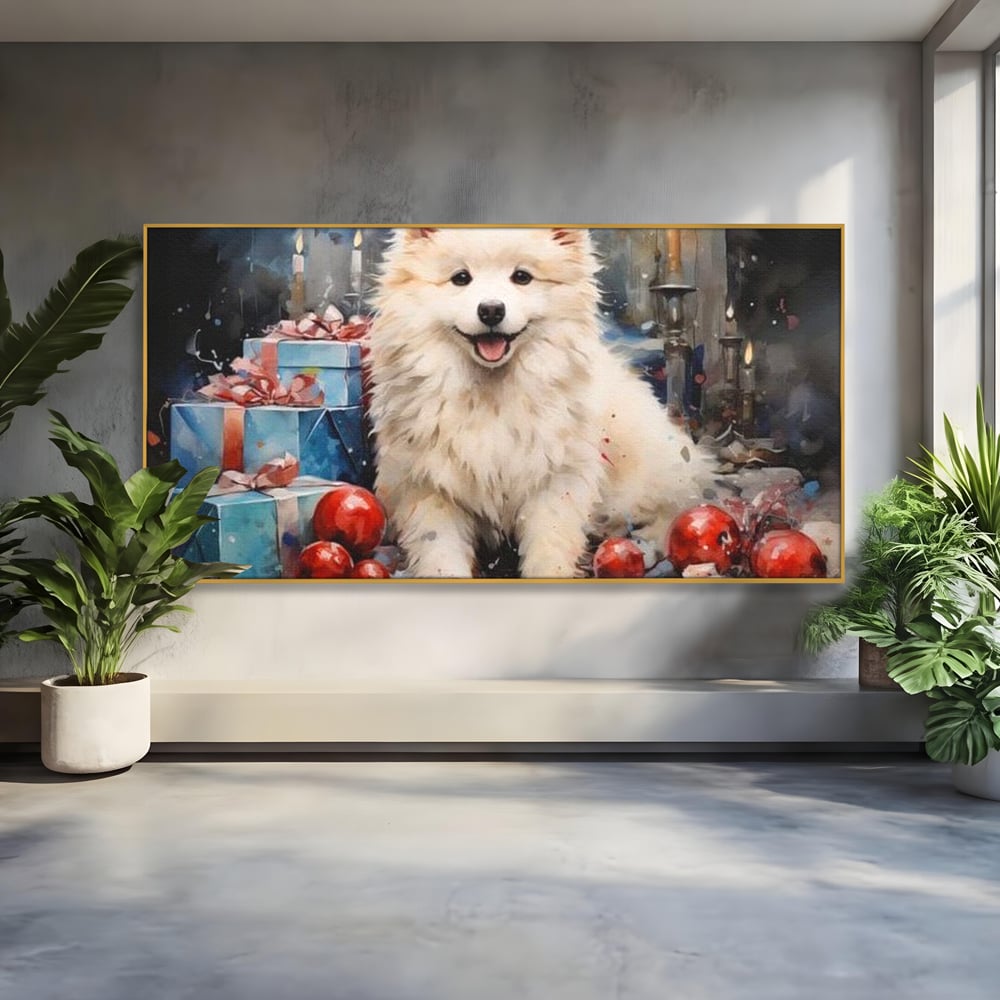 Tablou Canvas Premium, LuxCanva® D1033, Blanosul Samoyed printre Globuri , Patruped, Blana, Rosu, Globuri, Lumanari, Living Room, Culori vibrante