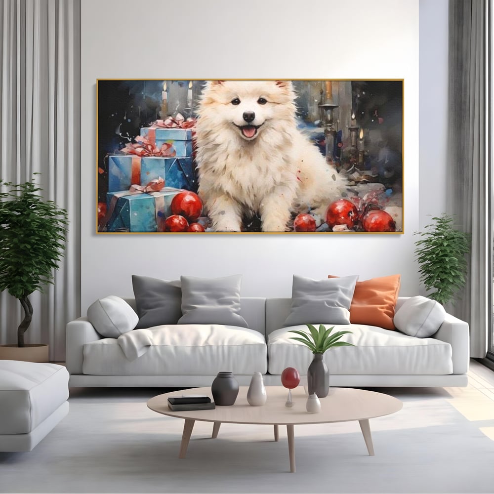 Tablou Canvas Premium, LuxCanva® D1033, Blanosul Samoyed printre Globuri , Patruped, Blana, Rosu, Globuri, Lumanari, Living Room, Culori vibrante