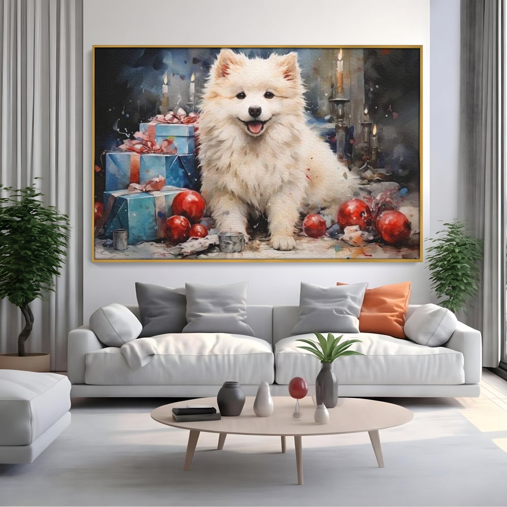 Tablou Canvas Premium, LuxCanva® D1033, Blanosul Samoyed printre Globuri , Patruped, Blana, Rosu, Globuri, Lumanari, Living Room, Culori vibrante