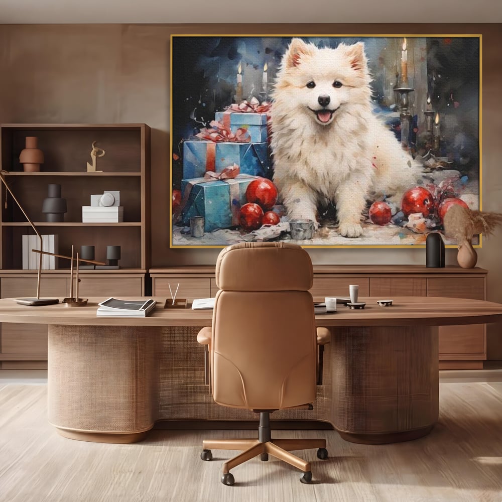 Tablou Canvas Premium, LuxCanva® D1033, Blanosul Samoyed printre Globuri , Patruped, Blana, Rosu, Globuri, Lumanari, Living Room, Culori vibrante