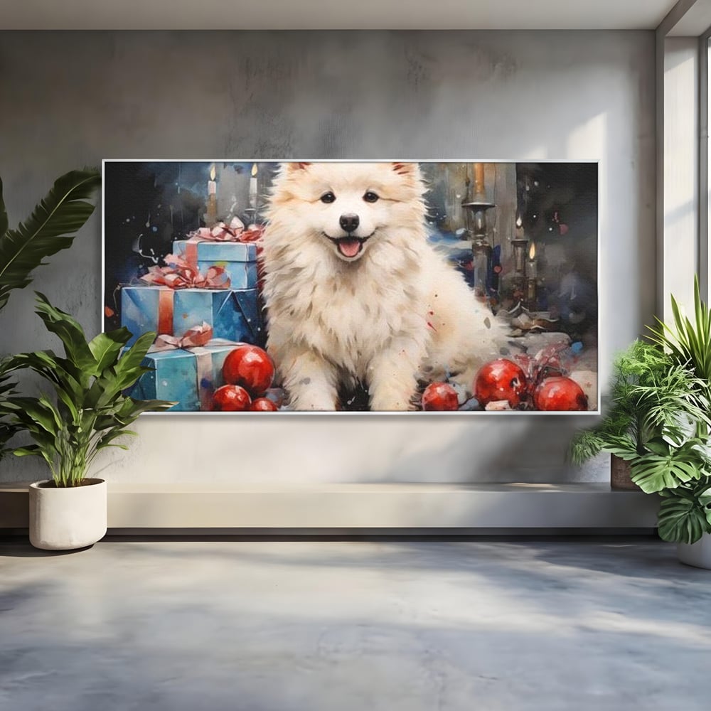 Tablou Canvas Premium, LuxCanva® D1033, Blanosul Samoyed printre Globuri , Patruped, Blana, Rosu, Globuri, Lumanari, Living Room, Culori vibrante