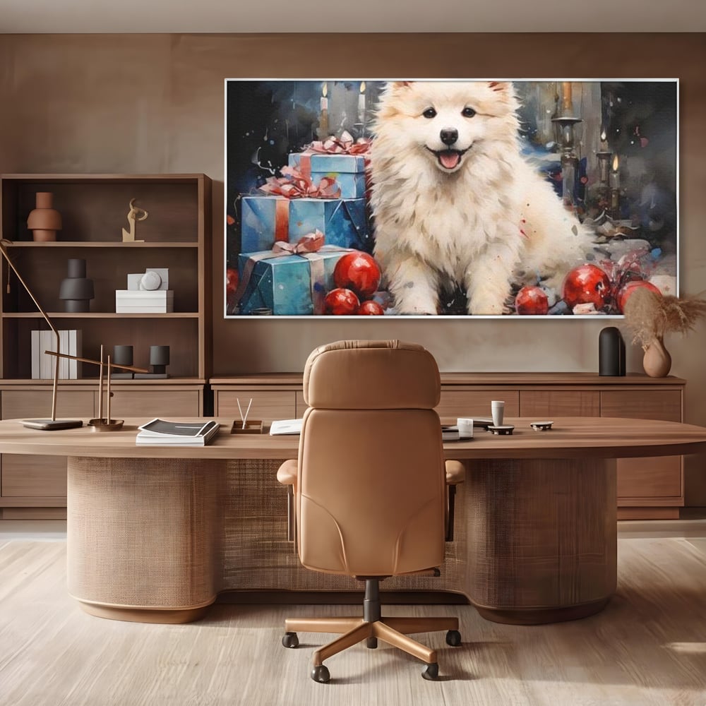 Tablou Canvas Premium, LuxCanva® D1033, Blanosul Samoyed printre Globuri , Patruped, Blana, Rosu, Globuri, Lumanari, Living Room, Culori vibrante