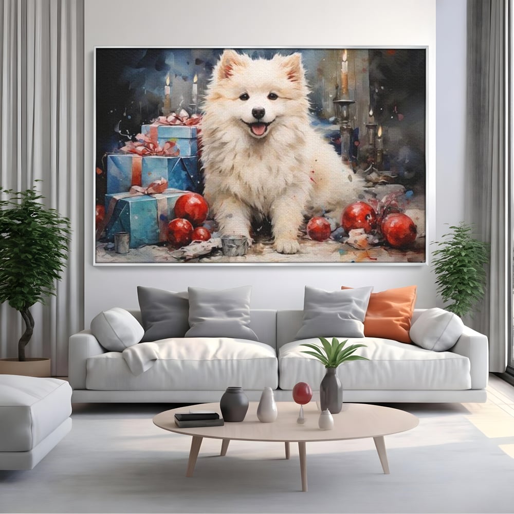 Tablou Canvas Premium, LuxCanva® D1033, Blanosul Samoyed printre Globuri , Patruped, Blana, Rosu, Globuri, Lumanari, Living Room, Culori vibrante
