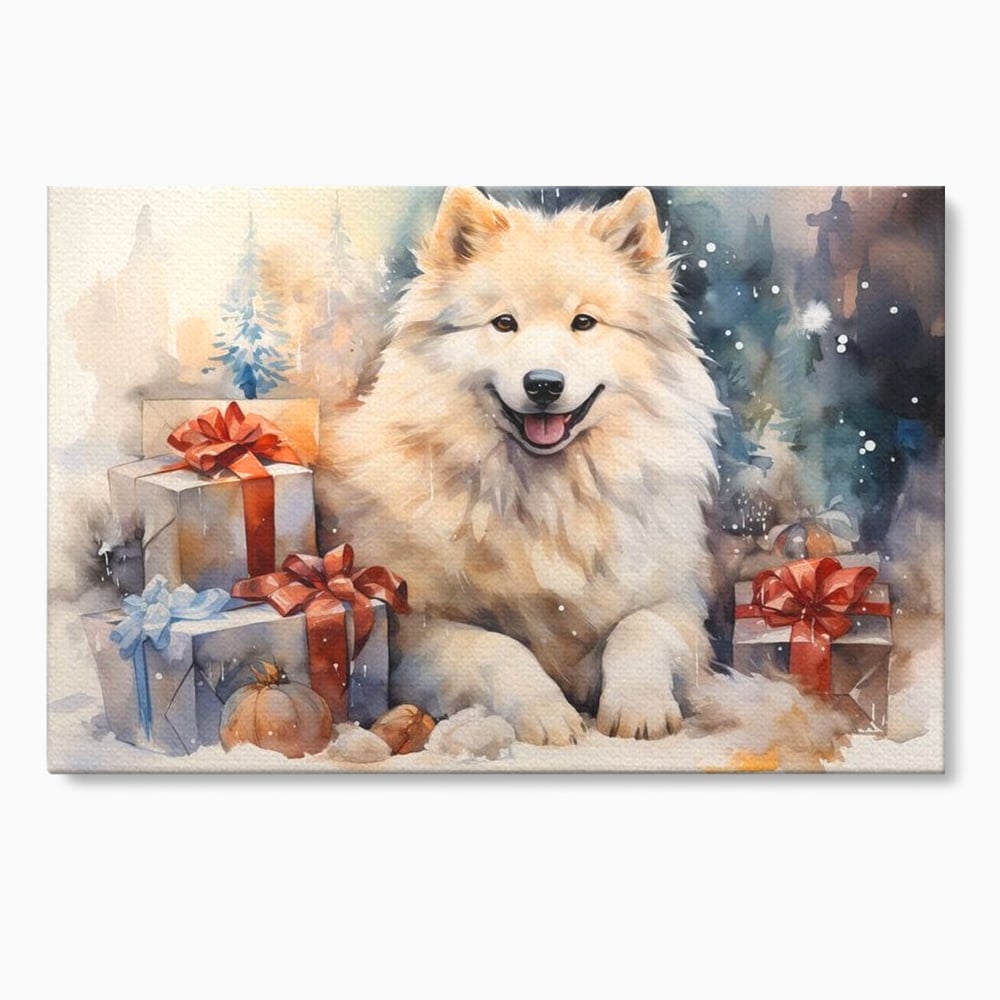 Tablou Canvas Premium LuxCanva® D1034, Un Samoyed in Dar , Caine, Blana, Bej, Cutii, Cadouri, Latrat, Camera Copii, Culori vibrante