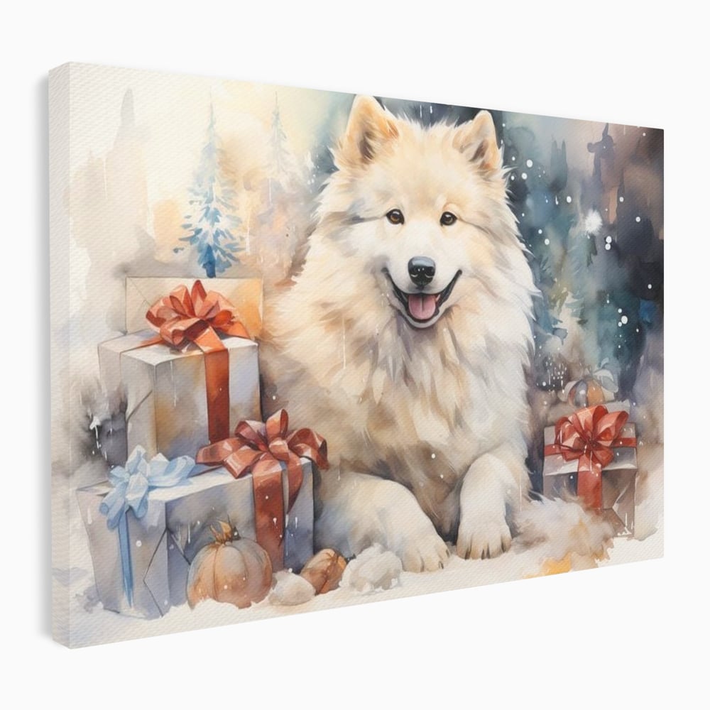 Tablou Canvas Premium LuxCanva® D1034, Un Samoyed in Dar , Caine, Blana, Bej, Cutii, Cadouri, Latrat, Camera Copii, Culori vibrante