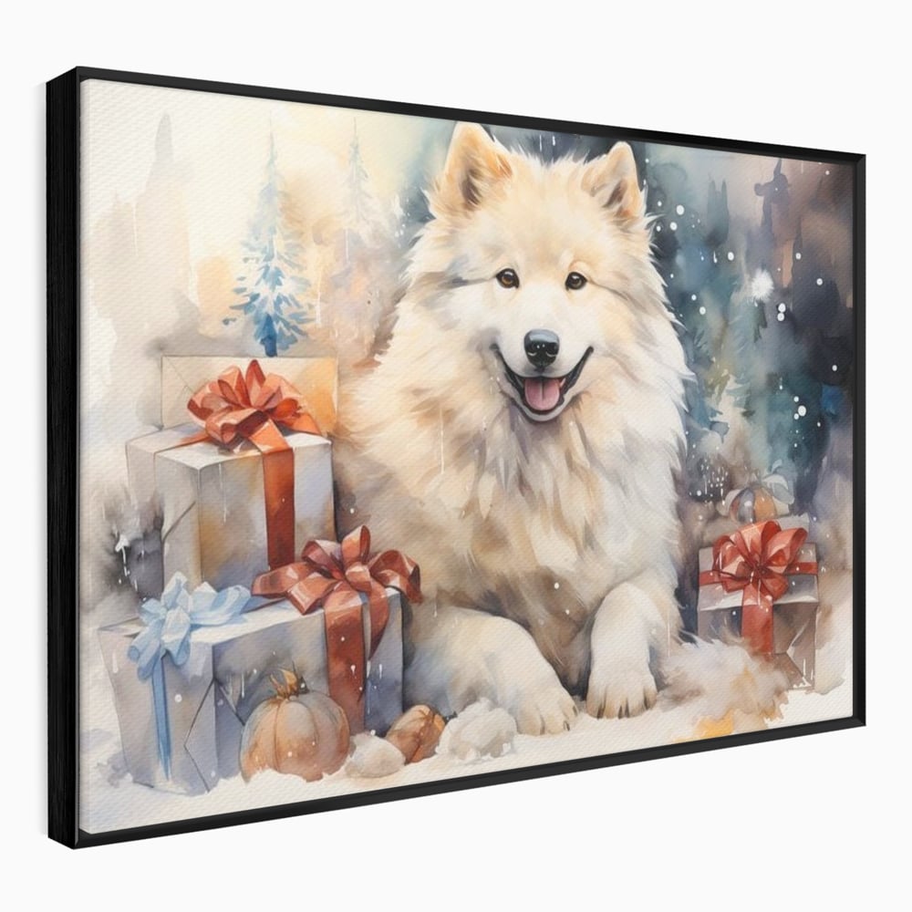 Tablou Canvas Premium LuxCanva® D1034, Un Samoyed in Dar , Caine, Blana, Bej, Cutii, Cadouri, Latrat, Camera Copii, Culori vibrante