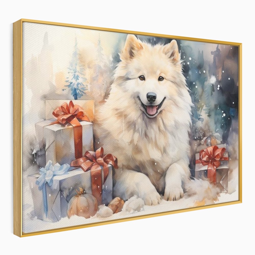 Tablou Canvas Premium LuxCanva® D1034, Un Samoyed in Dar , Caine, Blana, Bej, Cutii, Cadouri, Latrat, Camera Copii, Culori vibrante