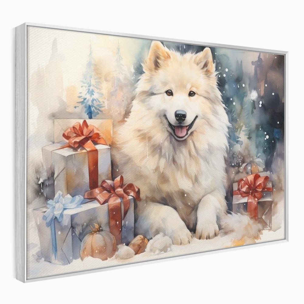 Tablou Canvas Premium LuxCanva® D1034, Un Samoyed in Dar , Caine, Blana, Bej, Cutii, Cadouri, Latrat, Camera Copii, Culori vibrante