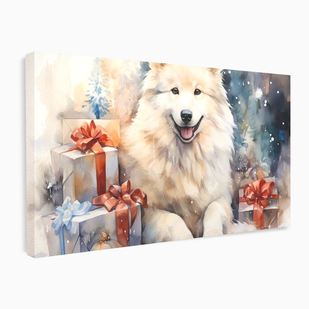 Tablou Canvas Premium LuxCanva® D1034, Un Samoyed in Dar , Caine, Blana, Bej, Cutii, Cadouri, Latrat, Camera Copii, Culori vibrante