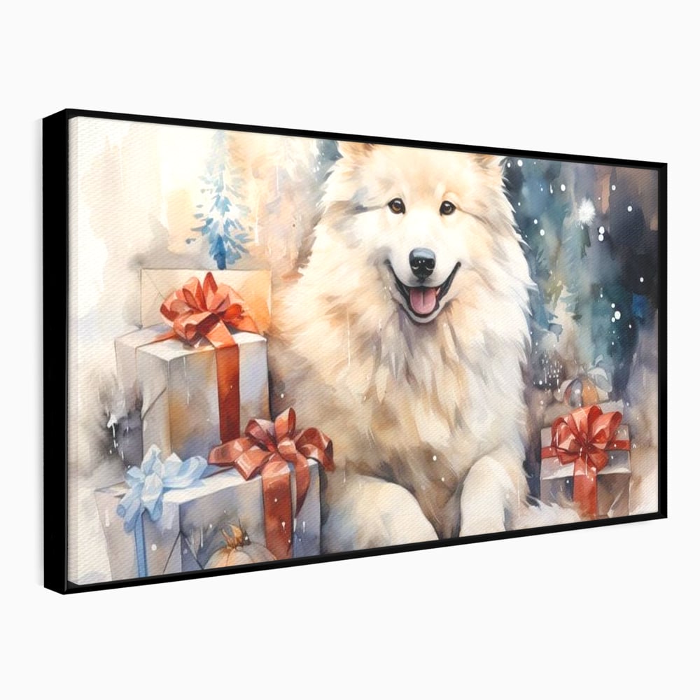 Tablou Canvas Premium LuxCanva® D1034, Un Samoyed in Dar , Caine, Blana, Bej, Cutii, Cadouri, Latrat, Camera Copii, Culori vibrante