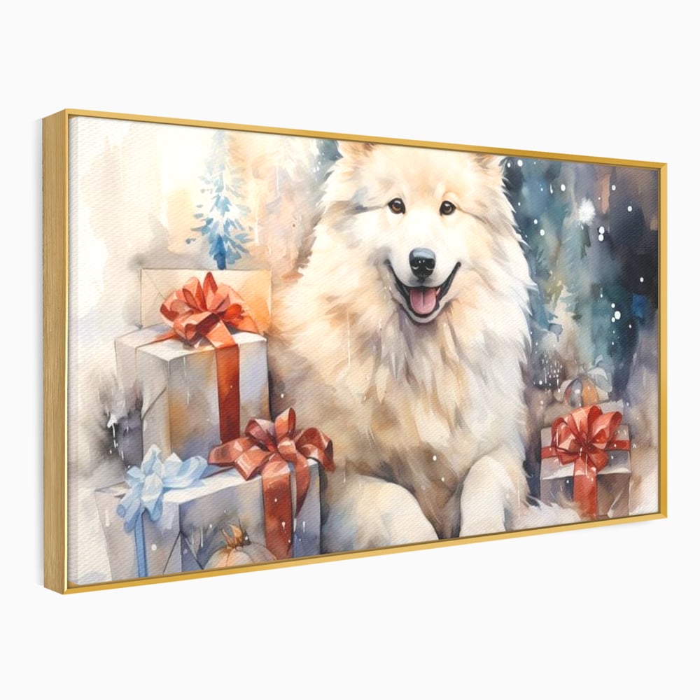 Tablou Canvas Premium LuxCanva® D1034, Un Samoyed in Dar , Caine, Blana, Bej, Cutii, Cadouri, Latrat, Camera Copii, Culori vibrante