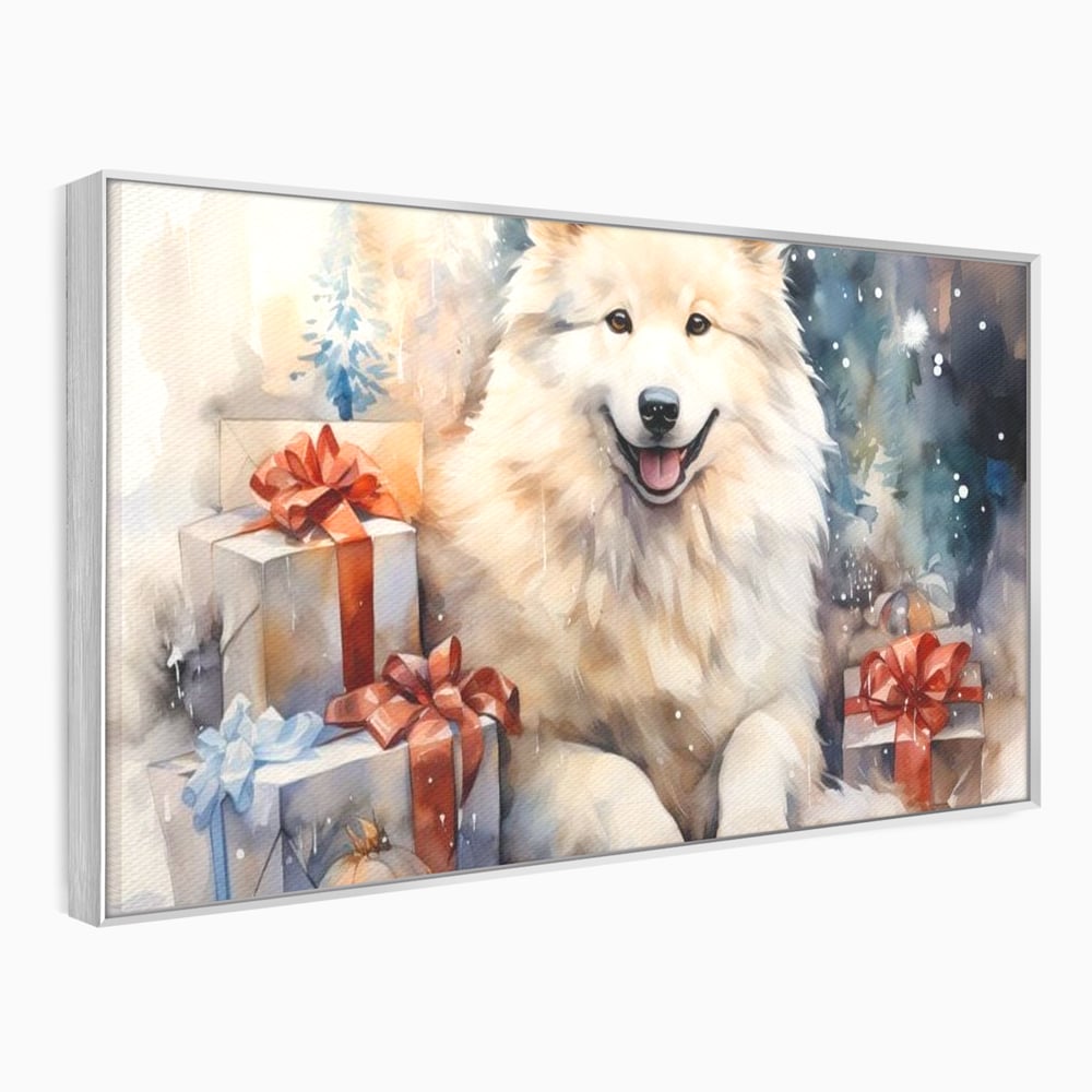 Tablou Canvas Premium LuxCanva® D1034, Un Samoyed in Dar , Caine, Blana, Bej, Cutii, Cadouri, Latrat, Camera Copii, Culori vibrante