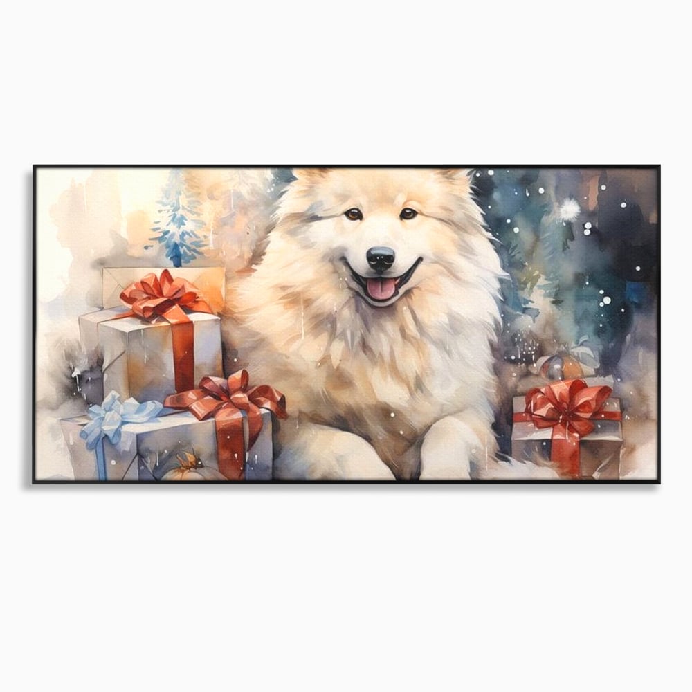 Tablou Canvas Premium LuxCanva® D1034, Un Samoyed in Dar , Caine, Blana, Bej, Cutii, Cadouri, Latrat, Camera Copii, Culori vibrante