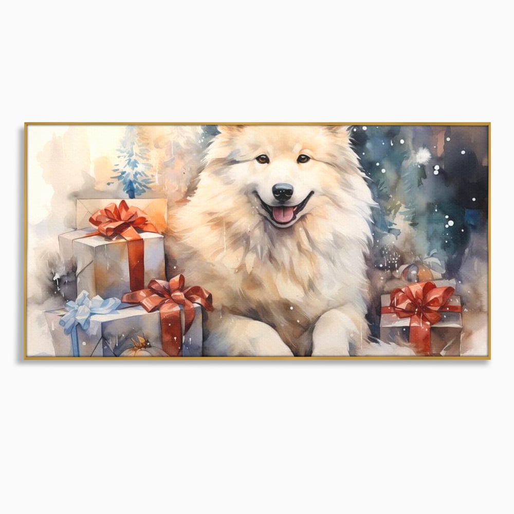 Tablou Canvas Premium LuxCanva® D1034, Un Samoyed in Dar , Caine, Blana, Bej, Cutii, Cadouri, Latrat, Camera Copii, Culori vibrante