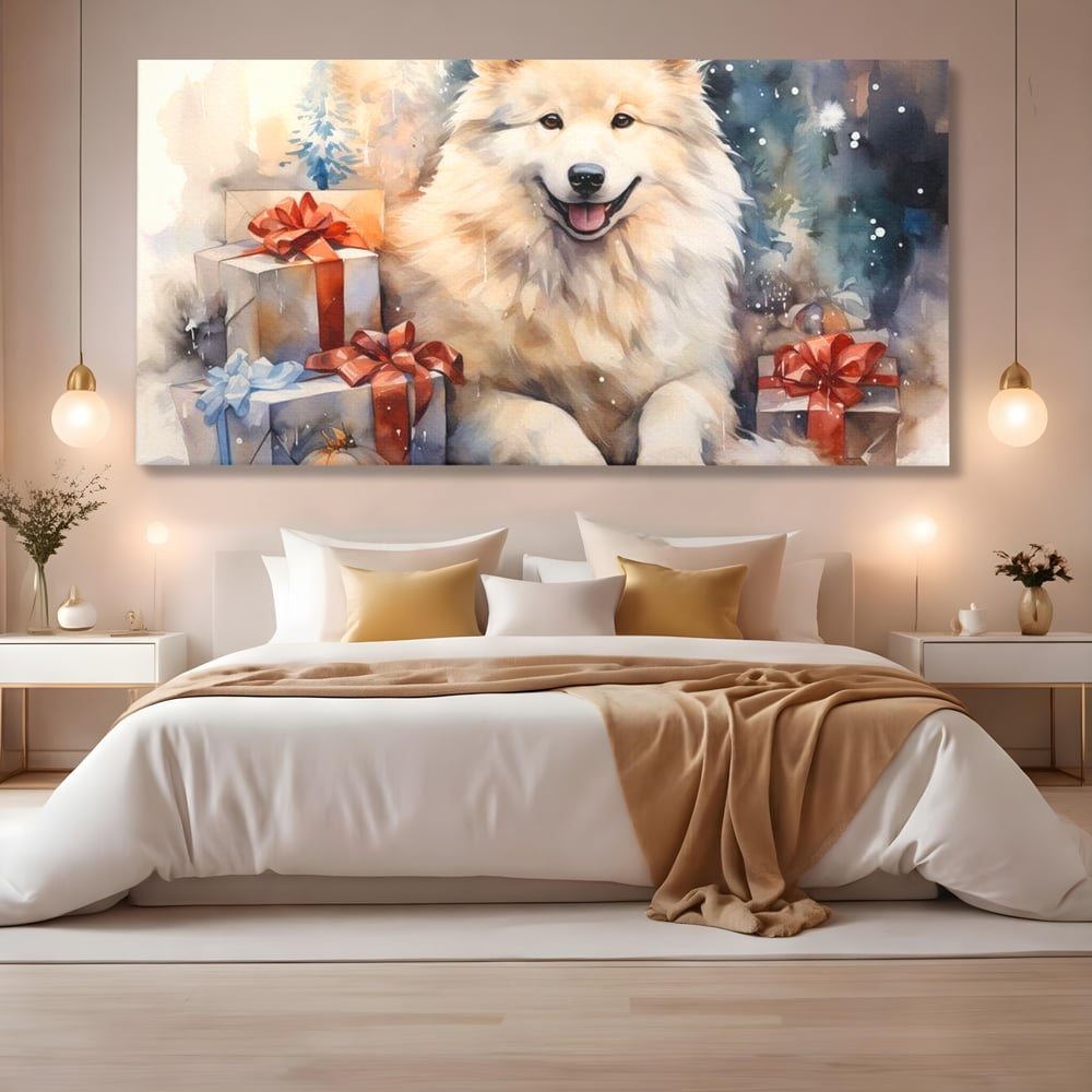 Tablou Canvas Premium LuxCanva® D1034, Un Samoyed in Dar , Caine, Blana, Bej, Cutii, Cadouri, Latrat, Camera Copii, Culori vibrante