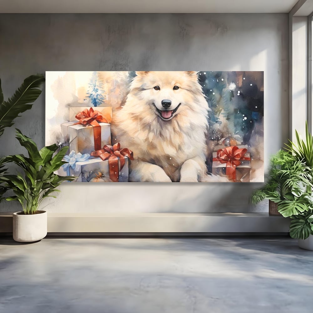 Tablou Canvas Premium LuxCanva® D1034, Un Samoyed in Dar , Caine, Blana, Bej, Cutii, Cadouri, Latrat, Camera Copii, Culori vibrante
