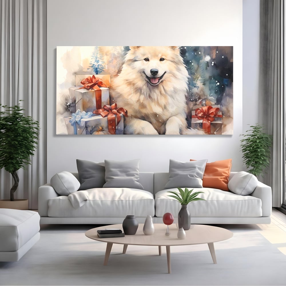 Tablou Canvas Premium LuxCanva® D1034, Un Samoyed in Dar , Caine, Blana, Bej, Cutii, Cadouri, Latrat, Camera Copii, Culori vibrante