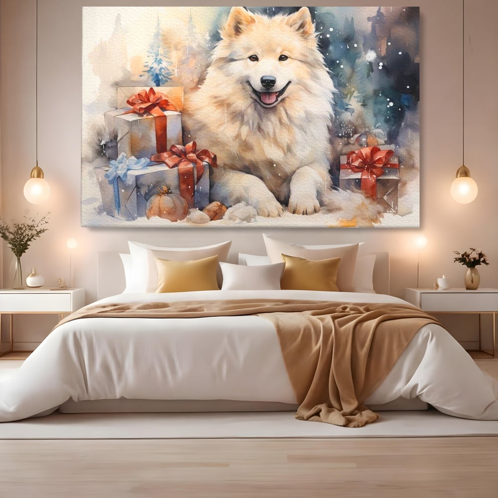 Tablou Canvas Premium LuxCanva® D1034, Un Samoyed in Dar , Caine, Blana, Bej, Cutii, Cadouri, Latrat, Camera Copii, Culori vibrante