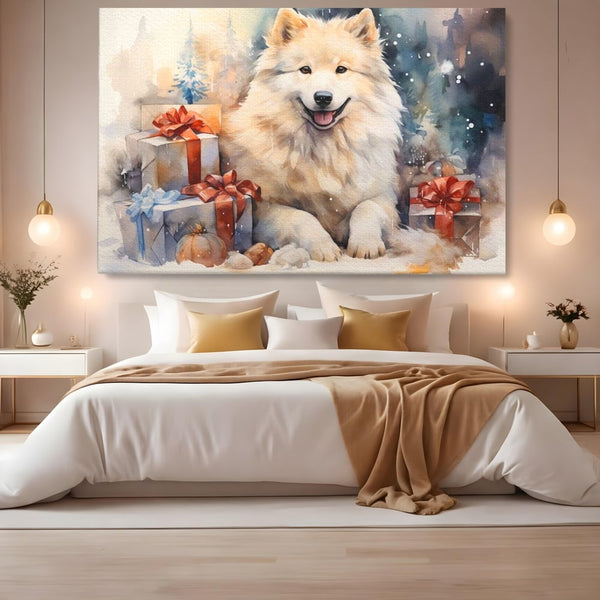 Tablou Canvas Premium LuxCanva® D1034, Un Samoyed in Dar , Caine, Blana, Bej, Cutii, Cadouri, Latrat, Camera Copii, Culori vibrante