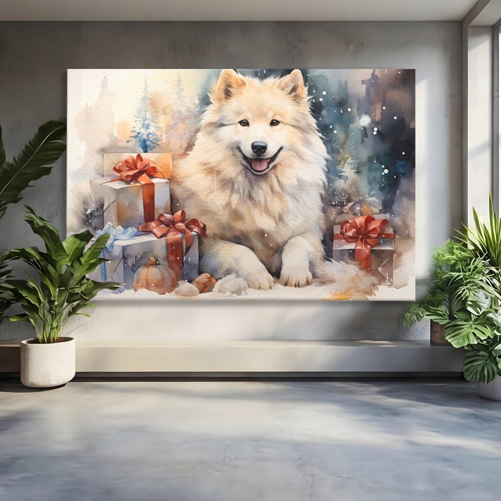 Tablou Canvas Premium LuxCanva® D1034, Un Samoyed in Dar , Caine, Blana, Bej, Cutii, Cadouri, Latrat, Camera Copii, Culori vibrante