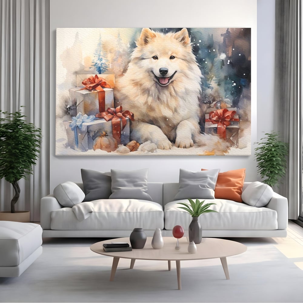 Tablou Canvas Premium LuxCanva® D1034, Un Samoyed in Dar , Caine, Blana, Bej, Cutii, Cadouri, Latrat, Camera Copii, Culori vibrante