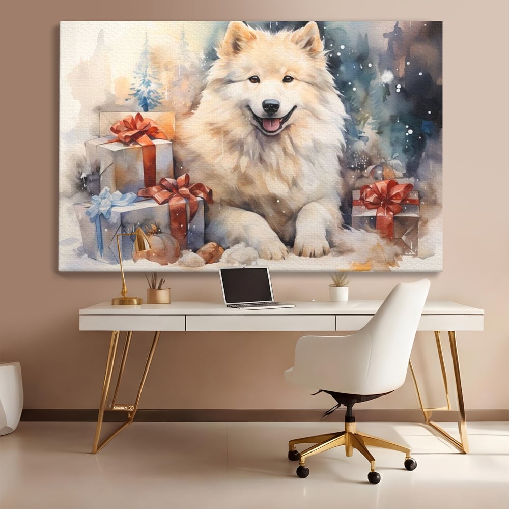 Tablou Canvas Premium LuxCanva® D1034, Un Samoyed in Dar , Caine, Blana, Bej, Cutii, Cadouri, Latrat, Camera Copii, Culori vibrante