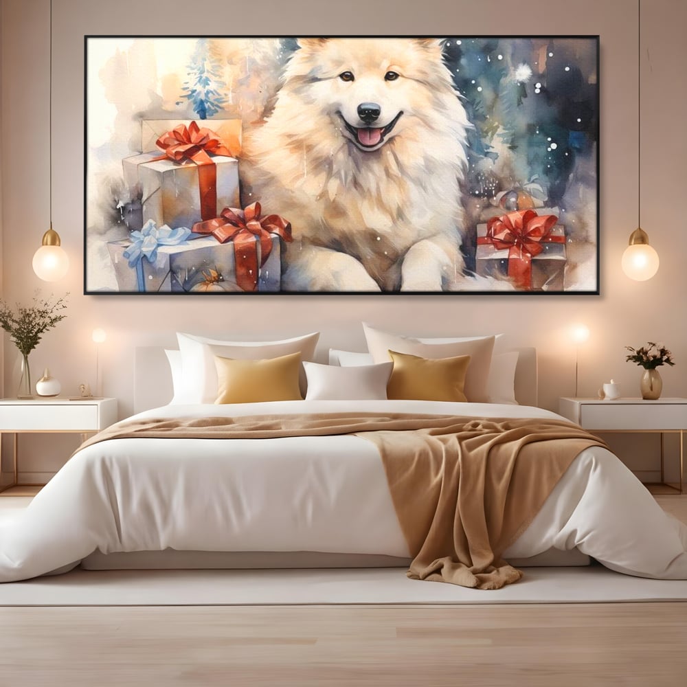 Tablou Canvas Premium LuxCanva® D1034, Un Samoyed in Dar , Caine, Blana, Bej, Cutii, Cadouri, Latrat, Camera Copii, Culori vibrante