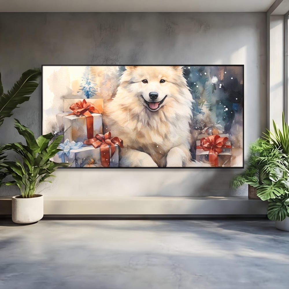 Tablou Canvas Premium LuxCanva® D1034, Un Samoyed in Dar , Caine, Blana, Bej, Cutii, Cadouri, Latrat, Camera Copii, Culori vibrante