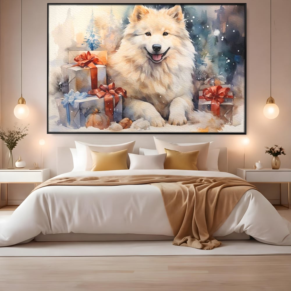Tablou Canvas Premium LuxCanva® D1034, Un Samoyed in Dar , Caine, Blana, Bej, Cutii, Cadouri, Latrat, Camera Copii, Culori vibrante