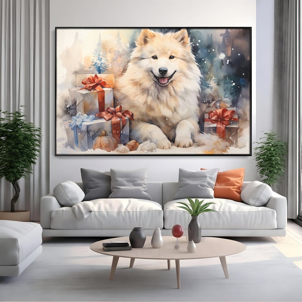 Tablou Canvas Premium LuxCanva® D1034, Un Samoyed in Dar , Caine, Blana, Bej, Cutii, Cadouri, Latrat, Camera Copii, Culori vibrante