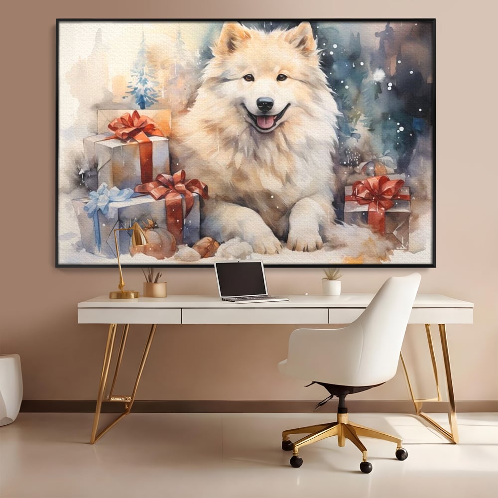 Tablou Canvas Premium LuxCanva® D1034, Un Samoyed in Dar , Caine, Blana, Bej, Cutii, Cadouri, Latrat, Camera Copii, Culori vibrante