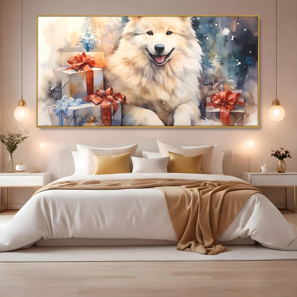 Tablou Canvas Premium LuxCanva® D1034, Un Samoyed in Dar , Caine, Blana, Bej, Cutii, Cadouri, Latrat, Camera Copii, Culori vibrante