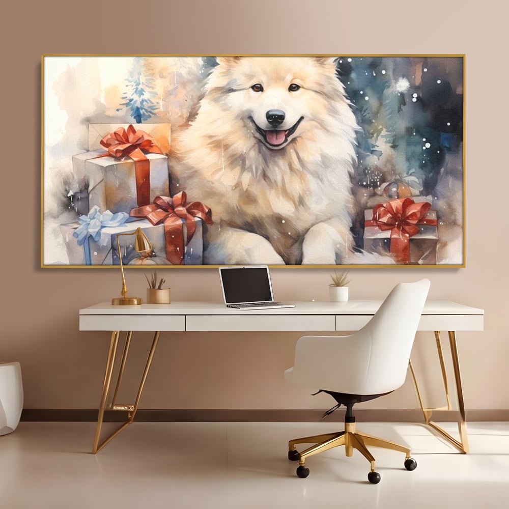 Tablou Canvas Premium LuxCanva® D1034, Un Samoyed in Dar , Caine, Blana, Bej, Cutii, Cadouri, Latrat, Camera Copii, Culori vibrante
