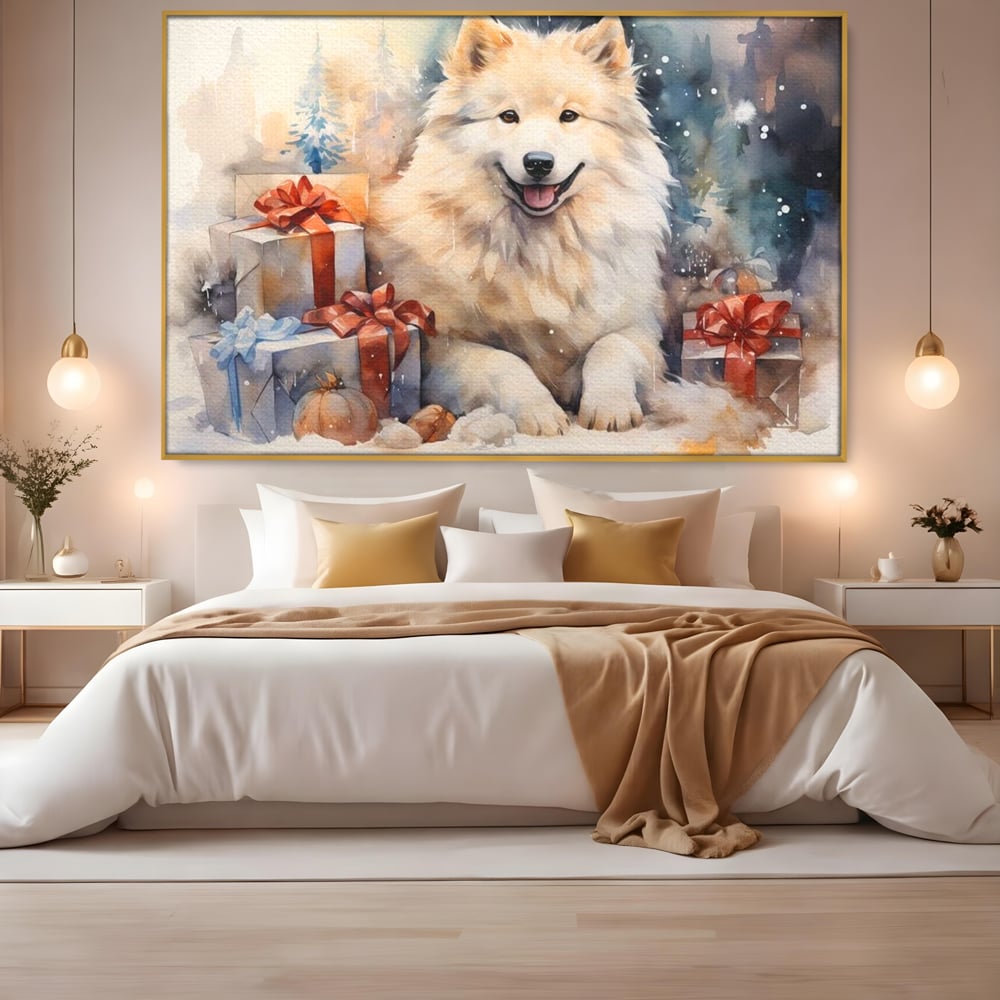 Tablou Canvas Premium LuxCanva® D1034, Un Samoyed in Dar , Caine, Blana, Bej, Cutii, Cadouri, Latrat, Camera Copii, Culori vibrante