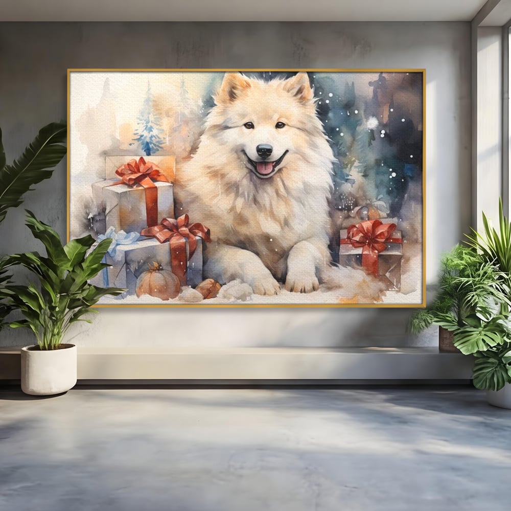 Tablou Canvas Premium LuxCanva® D1034, Un Samoyed in Dar , Caine, Blana, Bej, Cutii, Cadouri, Latrat, Camera Copii, Culori vibrante