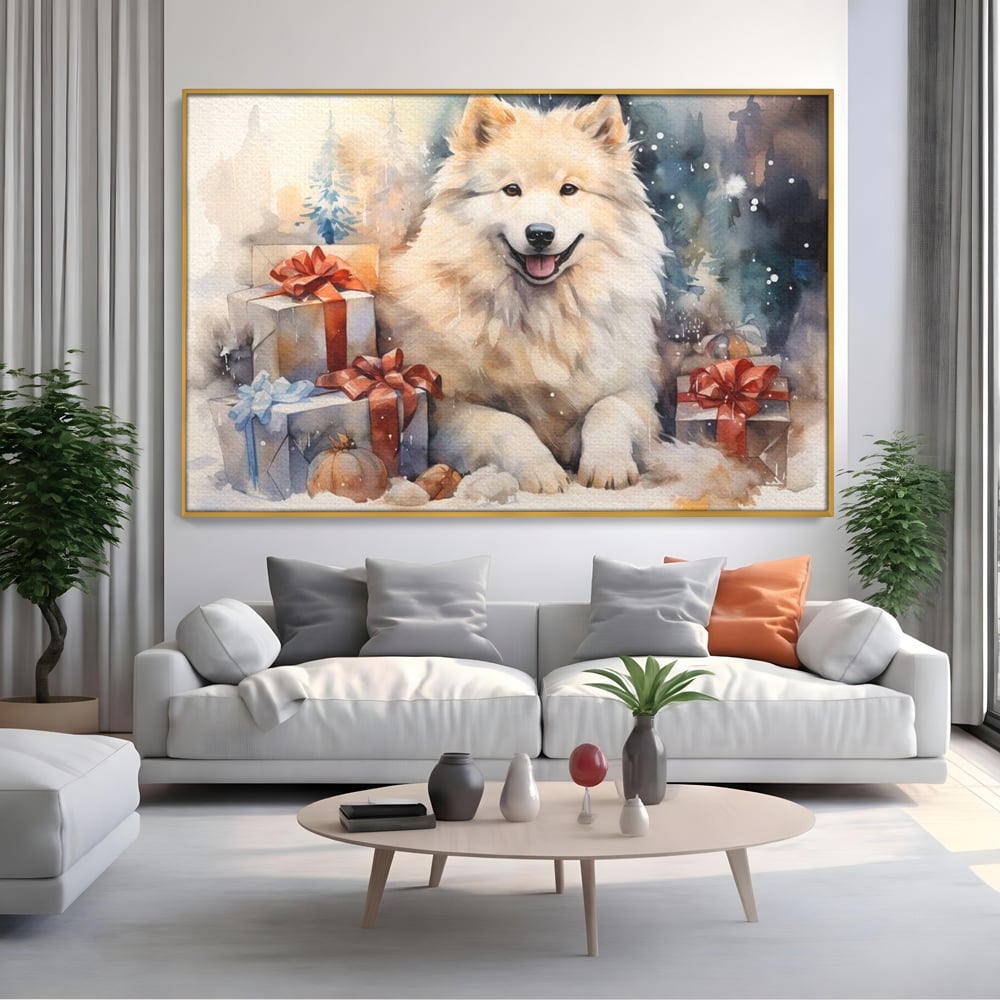 Tablou Canvas Premium LuxCanva® D1034, Un Samoyed in Dar , Caine, Blana, Bej, Cutii, Cadouri, Latrat, Camera Copii, Culori vibrante