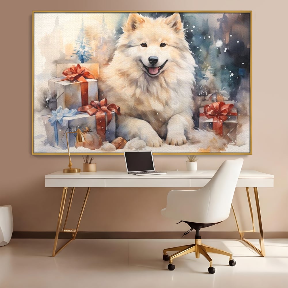 Tablou Canvas Premium LuxCanva® D1034, Un Samoyed in Dar , Caine, Blana, Bej, Cutii, Cadouri, Latrat, Camera Copii, Culori vibrante
