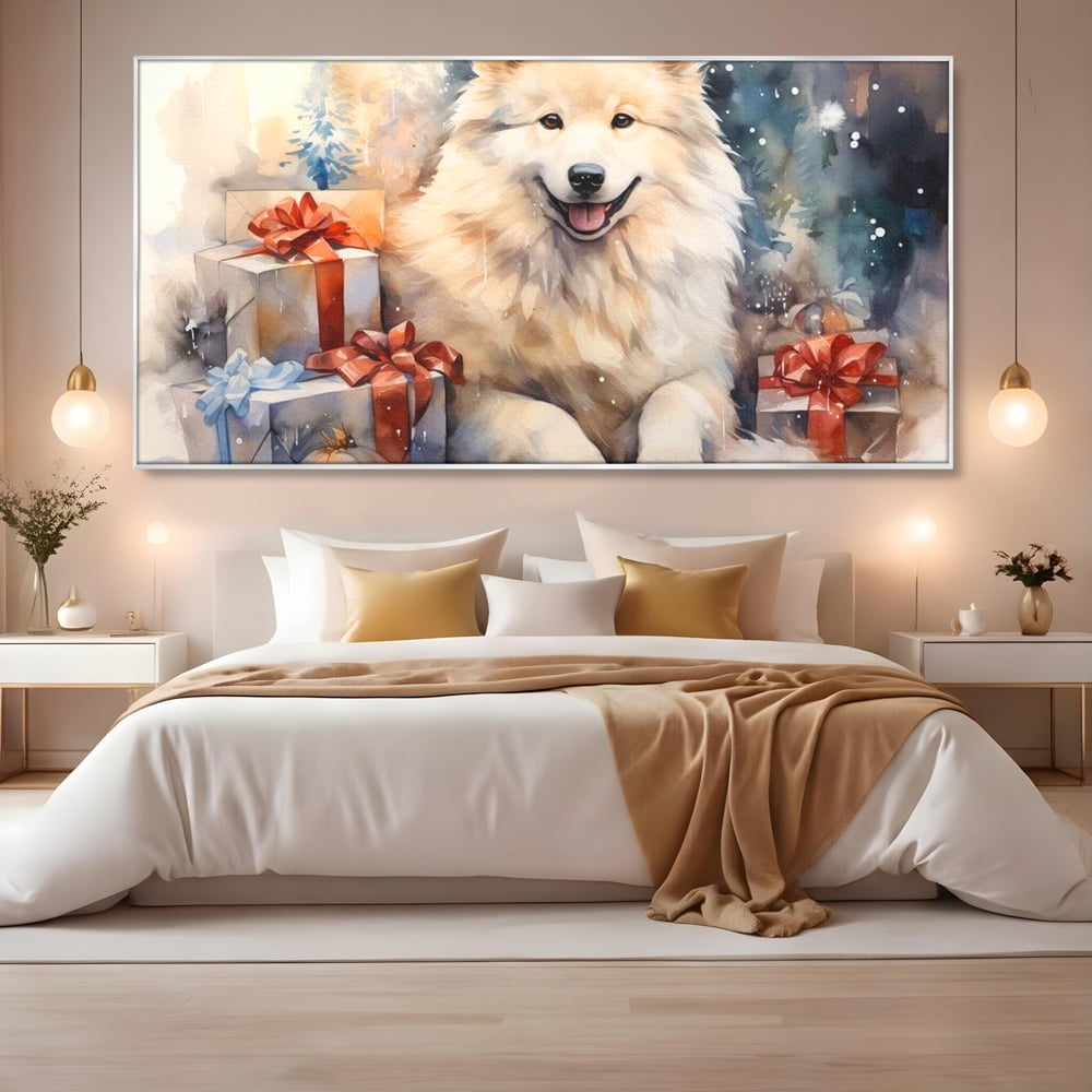 Tablou Canvas Premium LuxCanva® D1034, Un Samoyed in Dar , Caine, Blana, Bej, Cutii, Cadouri, Latrat, Camera Copii, Culori vibrante